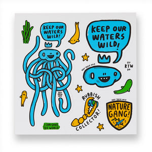 Keep Tassie Wild sticker sheet with thirteen ocean themed stickers to keep our waters wild