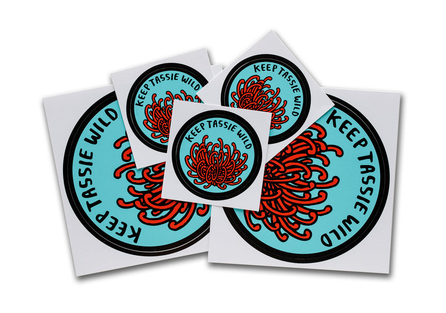 Round sticker pack of Keep Tassie Wild Tasmanian waratah (telopea truncata) bumper stickers 